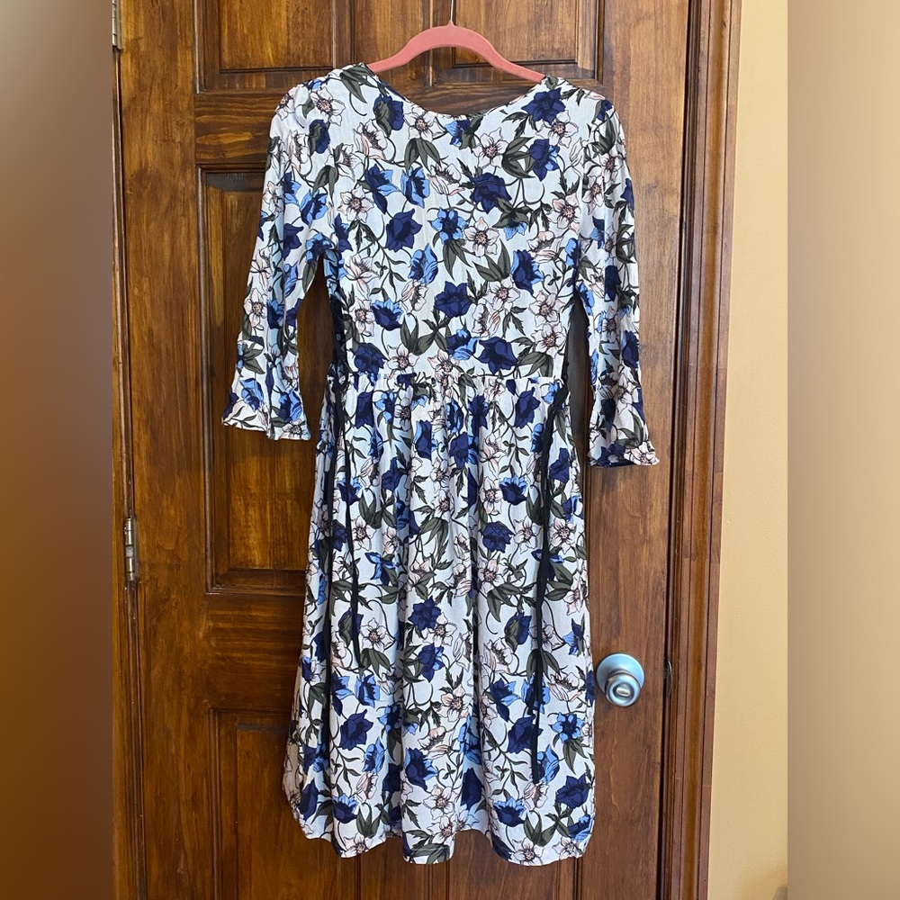 Topshop Pink Floral Midi Dress with Blue & Green Print